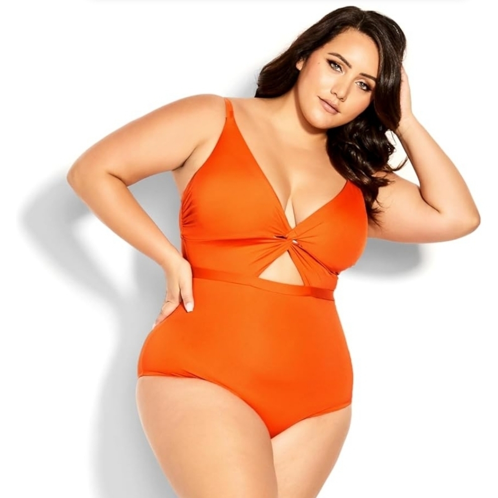 City Chic Plus Size Majorca 1 Pc One Piece Swimsuit Orange Sz 18W SW54